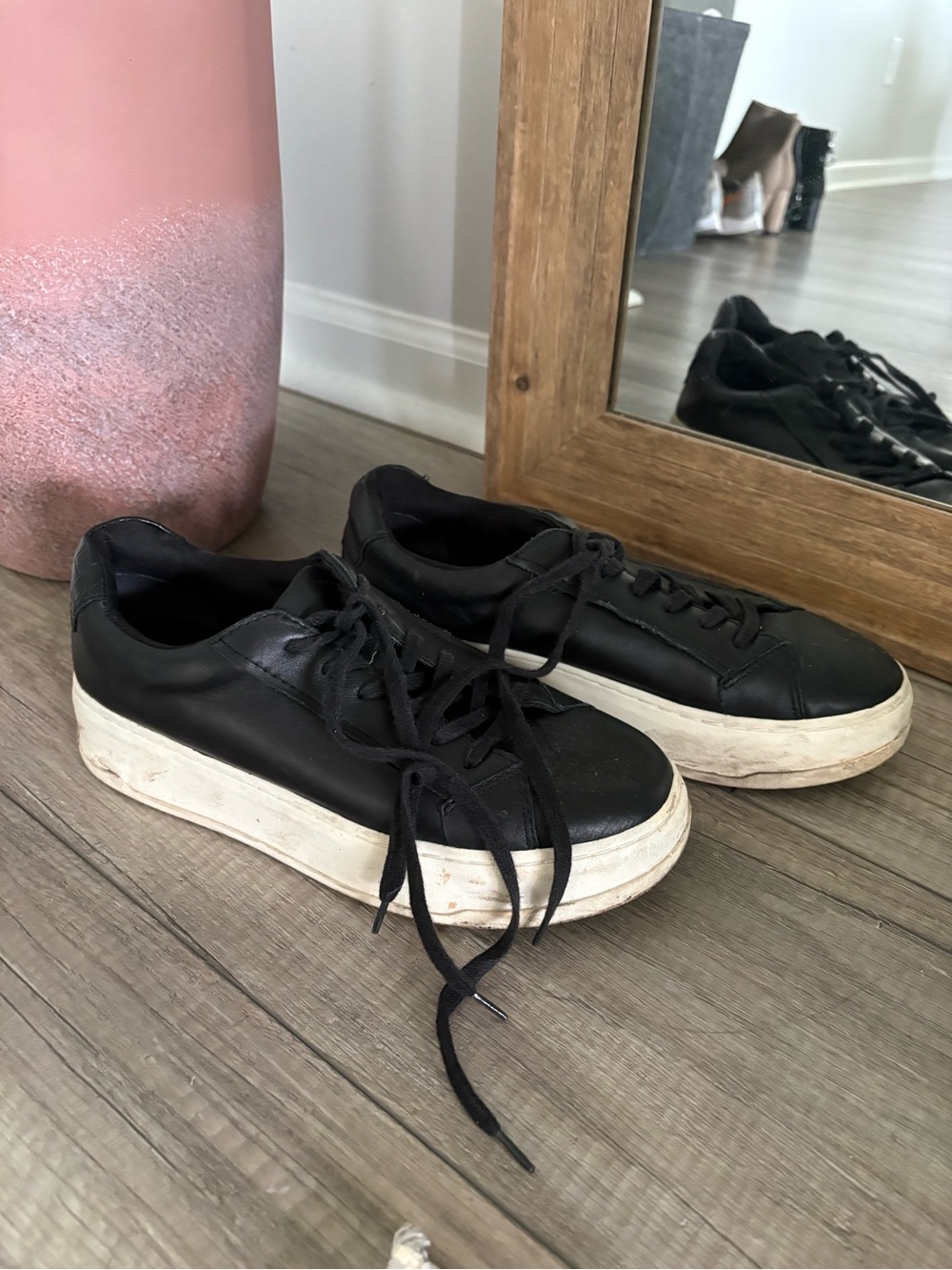 Caslon Black Leather Platform Sneakers with White Sole